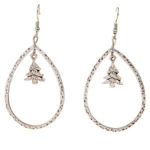 Christmas Antique/Hammered Silver  Tree Drop Earrings -Hoops